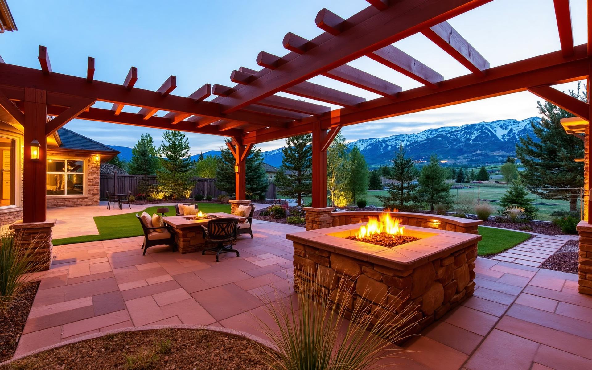 Complete Utah backyard transformation at golden hour with paver patio, pergola, stone fire pit and mountain views