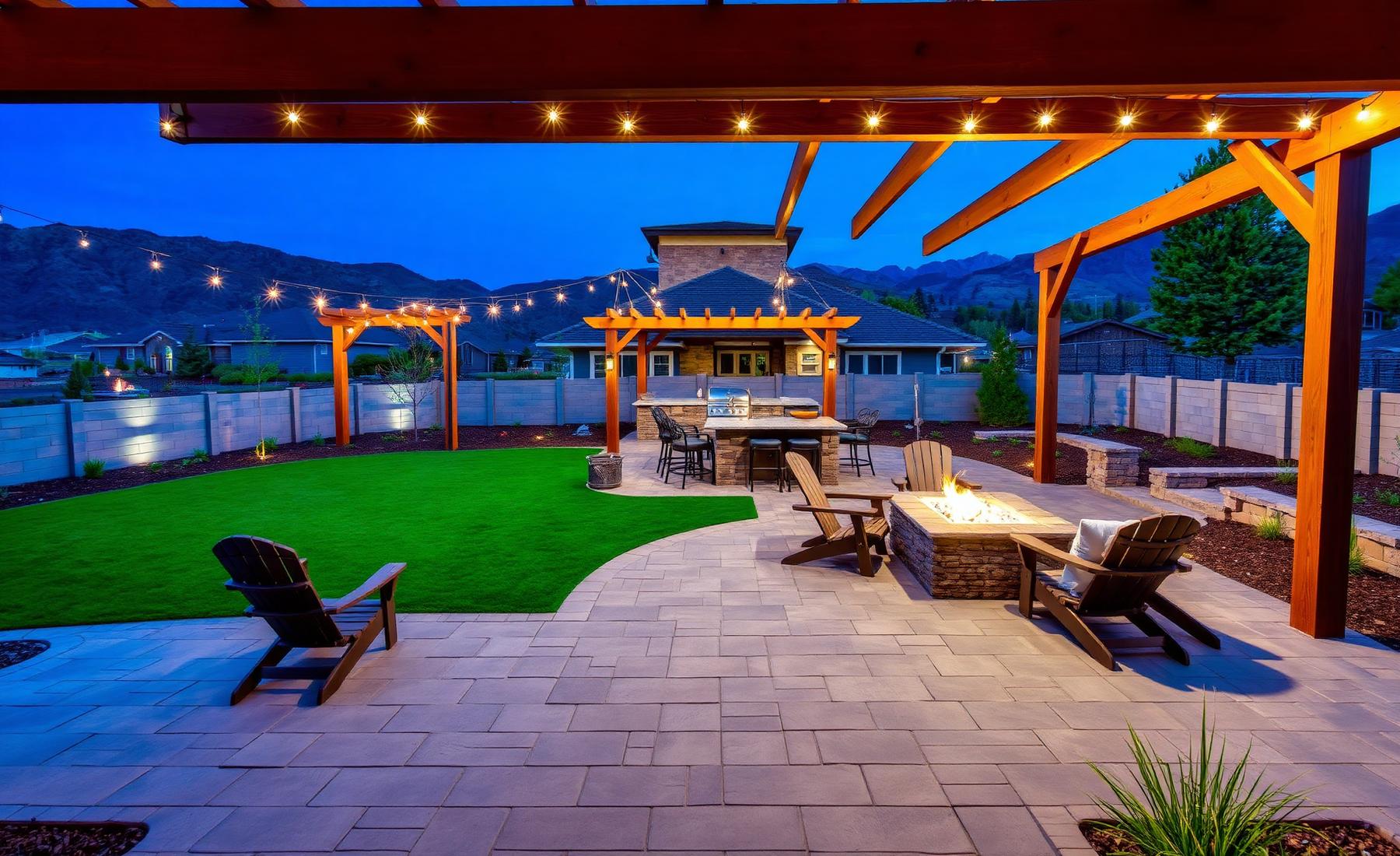 Complete outdoor transformation with patio, pergola, outdoor kitchen, fire pit, landscape lighting, artificial turf, and retaining walls